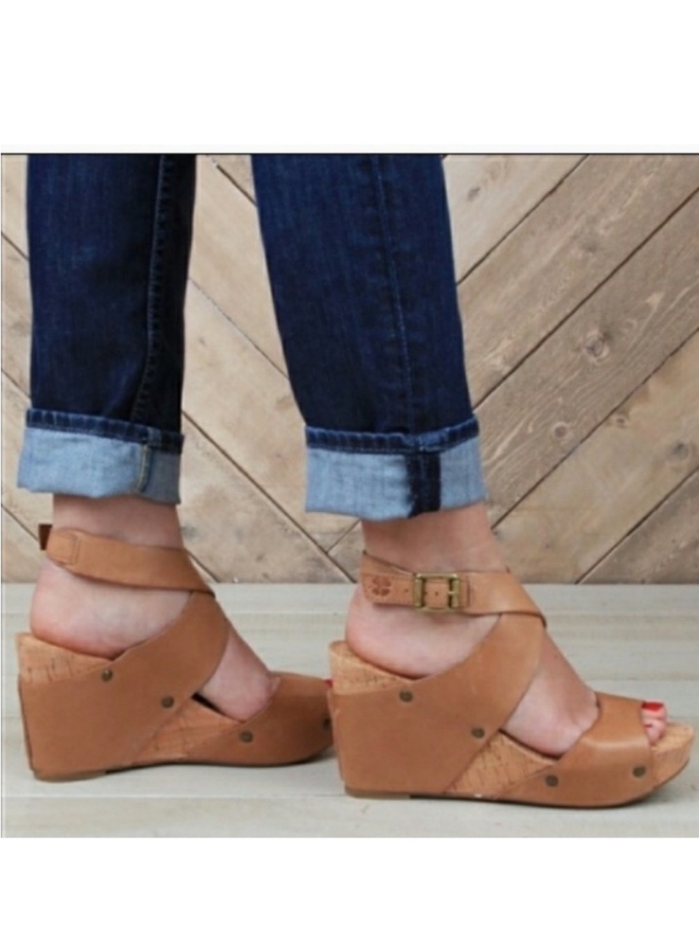 Lucky Brand Moran Platform Sandal Cork Wedge Brown Leather - Picture 2 of 10